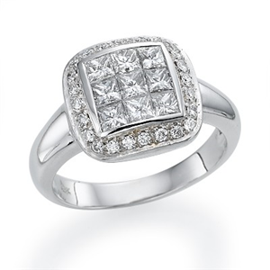 18k White Gold Pave Set Princess and Round Cut Diamonds Halo Engagement Ring (1.26 Ct., G Color, VS1 Clarity)