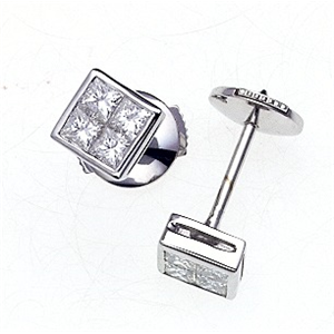 18k White Gold Screw Back Princess Cut Diamond Fashion Earings (0.57 Ct., G Color, VS1 Clarity)