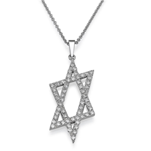 18k White Gold Star Of David With Prong Set Round Cut Diamonds Fashion Pendant With Chain (0.55 Ct., G Color, VS1 Clarity)