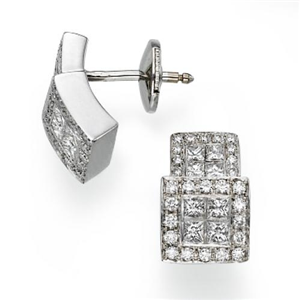 18k White Gold Invisible Setting Princess & Round Cut Diamond Fashion Step Level Earrings (1.53 Ct., G Color, VS1 Clarity)