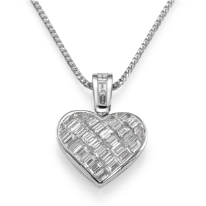 18k White Gold Invisible Set Baguette Cut Diamonds In A Heart Pendant with Chain (2.51 Ct., G Color, VS1 Clarity)