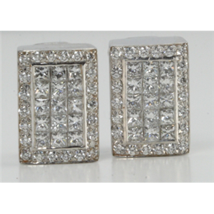 18k White Gold Round & Princess Invisible Setting Rectangular five row diamond stud earrings (1.41 Ct, G, VS)