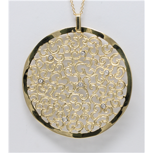 14k White Gold Round Bezel Contemporary style diamond set artisan scroll motif pendant(0.1ct, H, SI2-SI3)