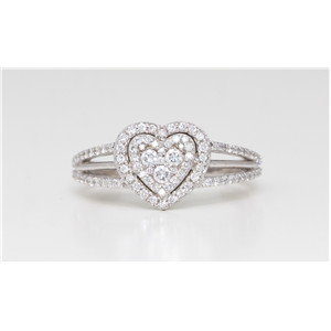 14K White Gold Round Diamond Heart Multi-Stone Prong Set Shank Set Engagement Ring (0.61 Ct D-F Si Clarity)