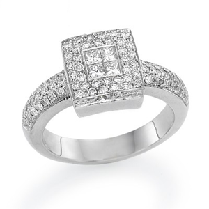 18k White Gold Invisible Setting Princess & Round Cut Diamonds Halo Fashion Engagement Ring (0.81 Ct., G Color, VS1 Clarity)