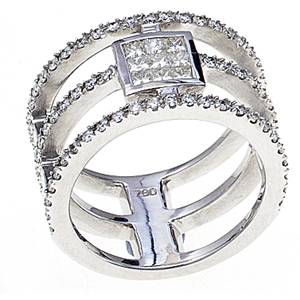 18k White Gold Triple Band Fashion Engagment Ring With Invisible Set Princess Cut Diamonds & Prong Set Round Cut Diamonds (1.11 Ct., G Color, VS1 Clarity)