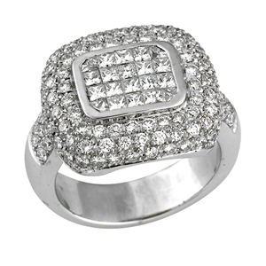 18k White Gold Layered Pave Set Princess & Round Cut Diamonds Halo Engagement Ring (2.46 Ct., G Color, VS1 Clarity)