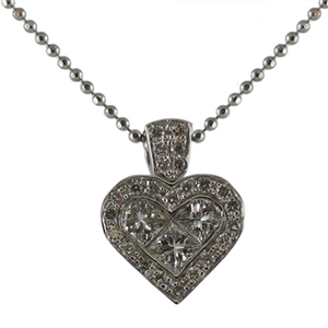 18k White Gold Invisible Set Princess & Round Cut Diamonds In A Heart Shaped Pendant with Chain (0.66 Ct., G Color, VS1 Clarity)