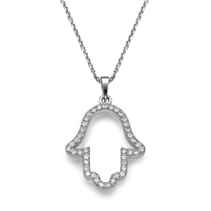 18k White Gold Hamsa Outline Shaped Pendant With Round Cut Diamonds With Chain (0.47 Ct., G Color, VS1 Clarity)