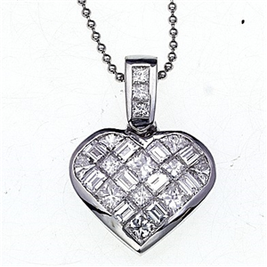 18k White Gold Invisible Set Princess Cut Diamonds In A Heart Pendant with Chain (1.57 Ct., G Color, VS1 Clarity)