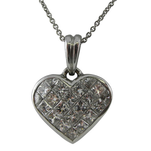 18k White Gold Invisible Set Princess Cut Diamonds In A Heart Pendant with Chain (1.53 Ct., G Color, VS1 Clarity)