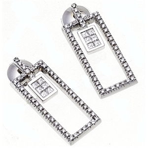 18k White Gold Fashion Earrings with Princess & Round Cut Diamonds in Rectangle Shaped Mounting  (0.98 Ct., G Color, VS1 Clarity)