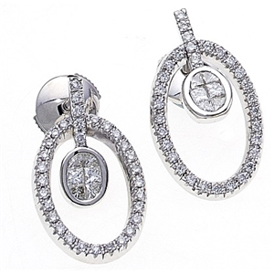 18k White Gold Fashion Earrings with Princess & Round Cut Diamonds in Oval Shaped Mounting  (0.97 Ct., G Color, VS1 Clarity)