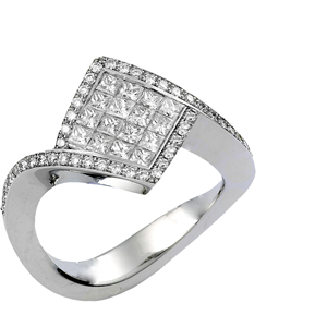 18k White Gold Fashion Engagment Ring With Invisible Set Princess and Prong Set Round Cut Diamonds (0.9 Ct., G Color, VS1 Clarity)