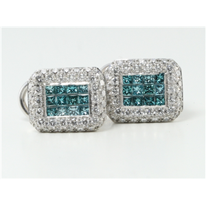 18K Gold Round Princess Diamond Rectangle Earrings (Blue(Irradiated) White Vs Clarity)
