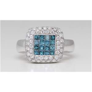 18K Gold Round Bead-Set Setting Princess Diamond Square Ring (Blue(Irradiated) White Vs Clarity)