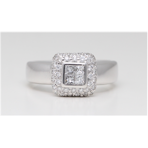 18K White Round Princess 4 Stone Pavee Diamond Ring (1.02 Ct G Vs Clarity)
