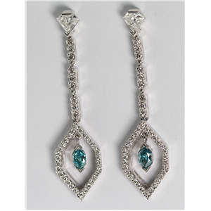 18k White Gold Marquise & Round Cut Diamond Earrings (1.32 Ct, Blue (Color Irradiated) & White Diamonds, VS1-VS2 Clarity)