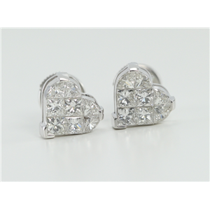18k White Gold Invisible Setting Princess Cut Diamond Heart Earrings (1.5 Ct, G Color, VS Clarity)