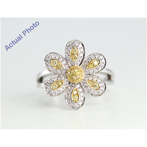 18k White Gold Round Cut Diamond Flower Pave Engagement Ring (0.51 Ct, White and Natural Fancy Yellow Diamonds, SI2 Clarity)