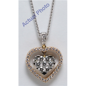 18k Rose & White Gold Round Cut Invisible Setting Diamond Heart Pendant (0.75 Ct, G Color, VS1 Clarity)