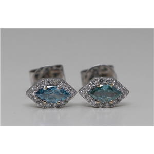 18K Gold Round & Halo Diamond Stud Earrings (Blue(Irradiated) & White Diamonds,Si2 Clarity)