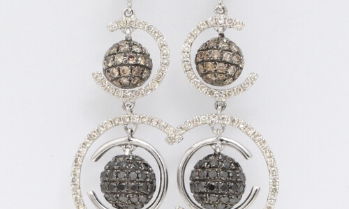 14K White Gold Round Cut Diamond Dangle Earrings (1.96 Ct, White, Brown & Black Diamonds, Si Clarity)