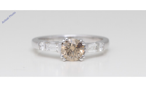 18K White Gold Round & Baguette Cut Diamond Engagement Ring (1.10 Ct, Light Natural Fancy Brown & White Diamonds, Vs2)