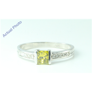 14k White Princess & Round Diamond Bezel square Ring with stone set shank(0.62ct, Green(Treated), SI2)