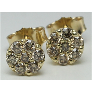 14k Yellow Gold Round Cut Cluster Set Diamond Stud Earrings (0.66 Ct, Natural Fancy Brown Color, I1 Clarity)