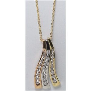 14k 3 Tone Gold Round Vertical triple curved diamond channel set bar pendant necklace (0.66 Ct, H , SI2-SI3 )