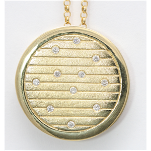 14k Yellow Gold Round Bezel Contemporary style diamond set artisan medallion pendant(0.11ct, H, SI2-SI3)