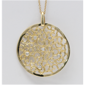 14k Yellow Gold Round Bezel Contemporary style diamond set artisan scroll motif pendant(0.09ct, H, SI2-SI3)