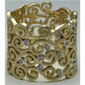 14k Yellow Gold Bezel scroll design artisan ring with diamond polished bezel set motifs(0.22ct, H, SI2-SI3)