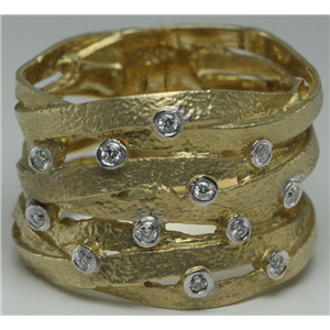 14k Yellow Gold Bezel ribbon design artisan ring with diamond polished bezel set motifs(0.12ct, H, SI2-SI3)