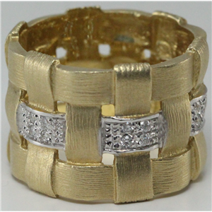 14k Yellow Gold Round Modern basket weave design artisan ring with diamond strip motif (0.12 Ct, H, SI2-SI3 )