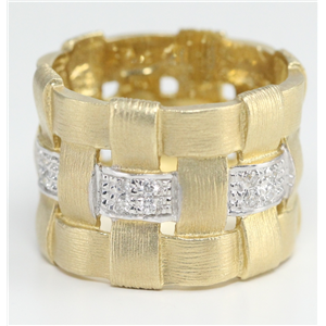 14k Yellow Gold Round Modern basket weave design artisan ring with diamond strip motif (0.09 Ct, H, SI2-SI3 )