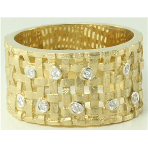 14K Yellow Gold Bezel Basket Weave Design Artisan Ring With Diamond Bezel Set Motifs(0.09Ct, H, Si2-Si3)