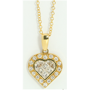 18k Yellow Gold Princess & Round heart elegant modern classic dress diamond pendant(1.05 ct, H, VS)