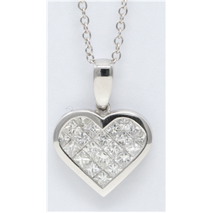 18k White Gold Princess Invisible Setting heart stylish modern classic diamond pendant (1.1 Ct, H , SI1 )