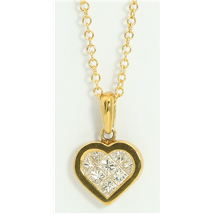 18k Yellow Gold Princess Invisible Setting heart fashionable modern classic diamond pendant (0.49 Ct, H, SI1)