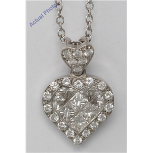 18k White Gold Princess & Round heart elegant modern classic diamond pendant with set bezel(1 ct, H, VS)