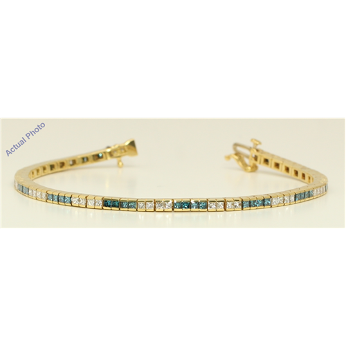 18k Yellow Gold Princess Channel Setting dress diamond tennis bracelet(3.2 ct Blue(Irradiated) & White,)