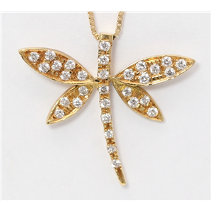 18K Yellow Gold Round Diamond Prong Multi-Stone Stone Dragonfly Insect Pendant Necklace(0.16 Ct, G, Vs)