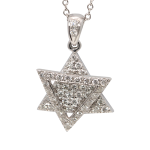 18K White Gold Round Diamond Double Triangle Prong Setting Star Of David Necklace Pendant (0.5 Ct, G , Vs )