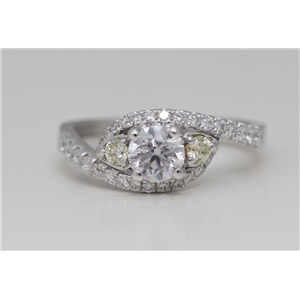 18K White Gold Round Diamond Three Stone Halo Set Eye Shaped Engagement Ring (1.07 Ct,F Color,Si1 Clarity)