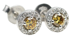 14k Gold White Round Claw Bezel Set Diamond Earrings (0.28 Carat, Yellow Treated, VS2)